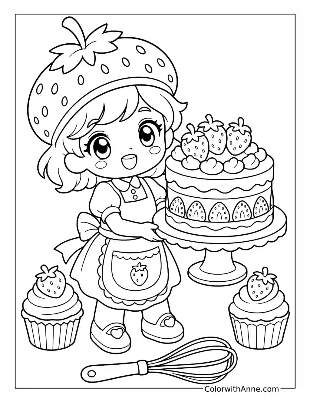 Chibi Baker in a Strawberry Hat Holding a Cake coloring page