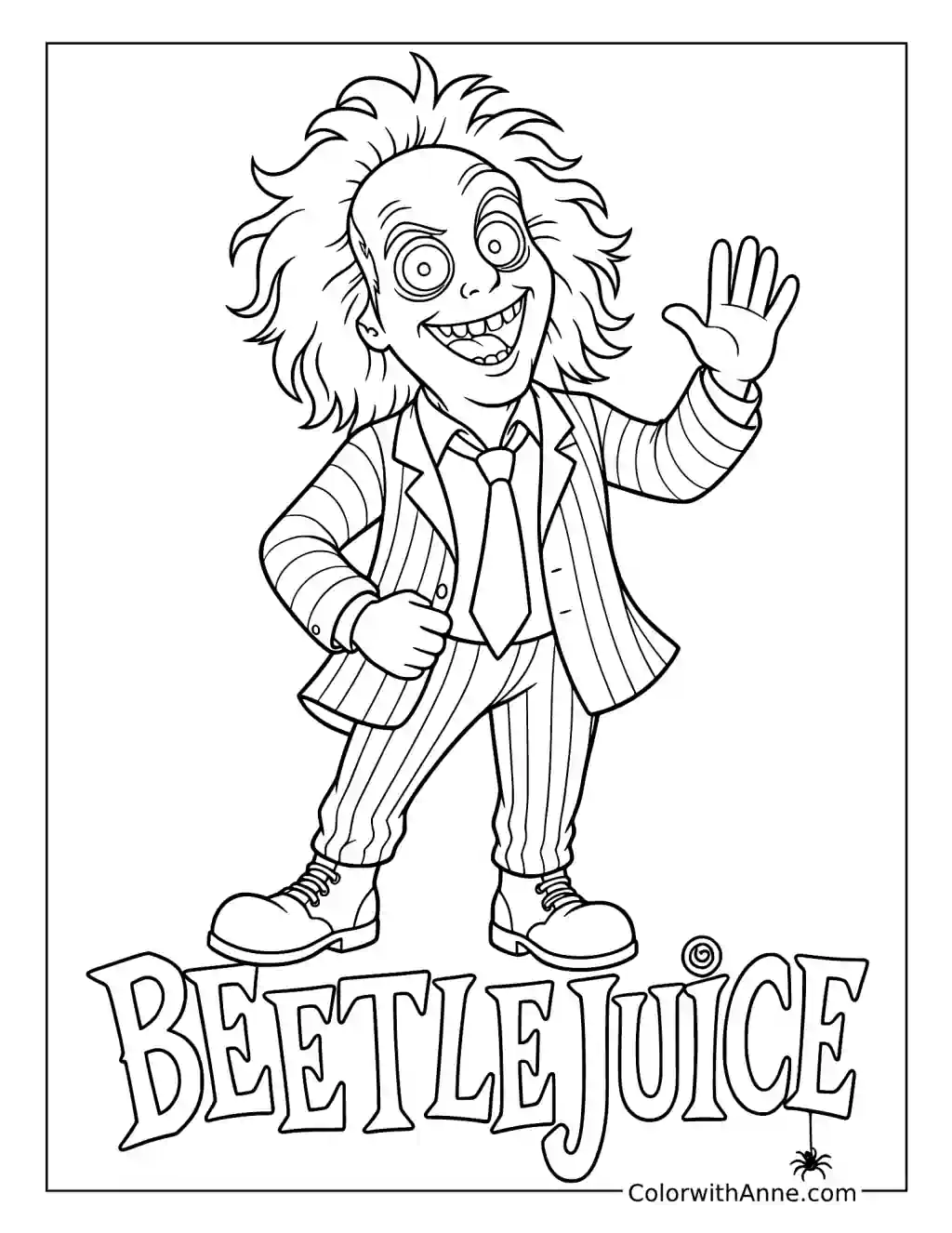 Chibi Beetlejuice Waving above His Name coloring page