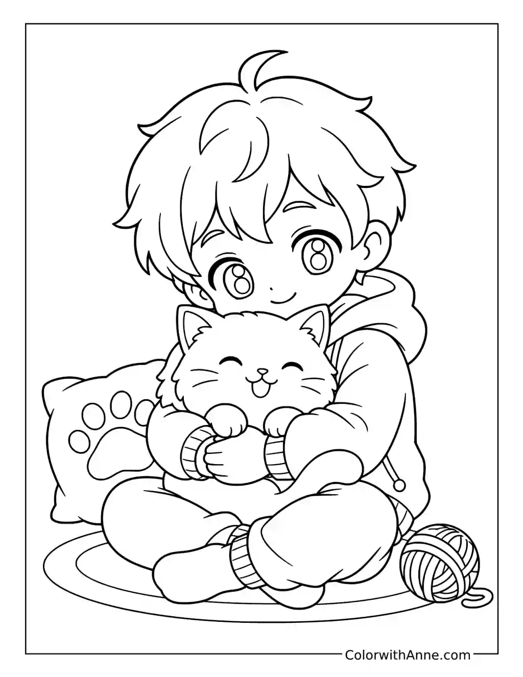 Chibi Boy Hugging a Smiling Kitten coloring page