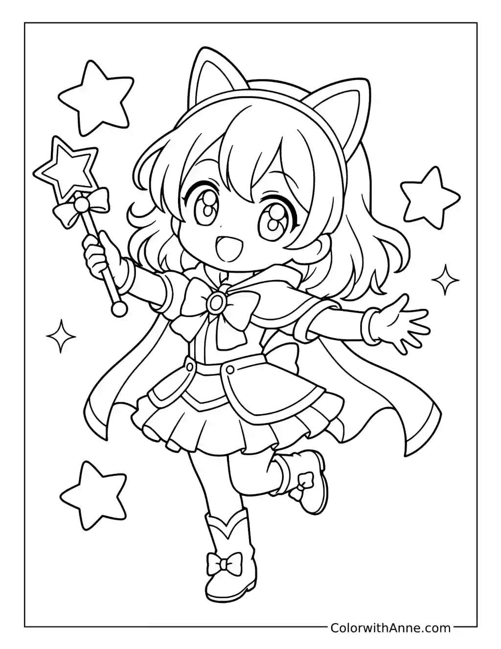 Chibi Cat-Eared Magical Girl with a Star Wand coloring page