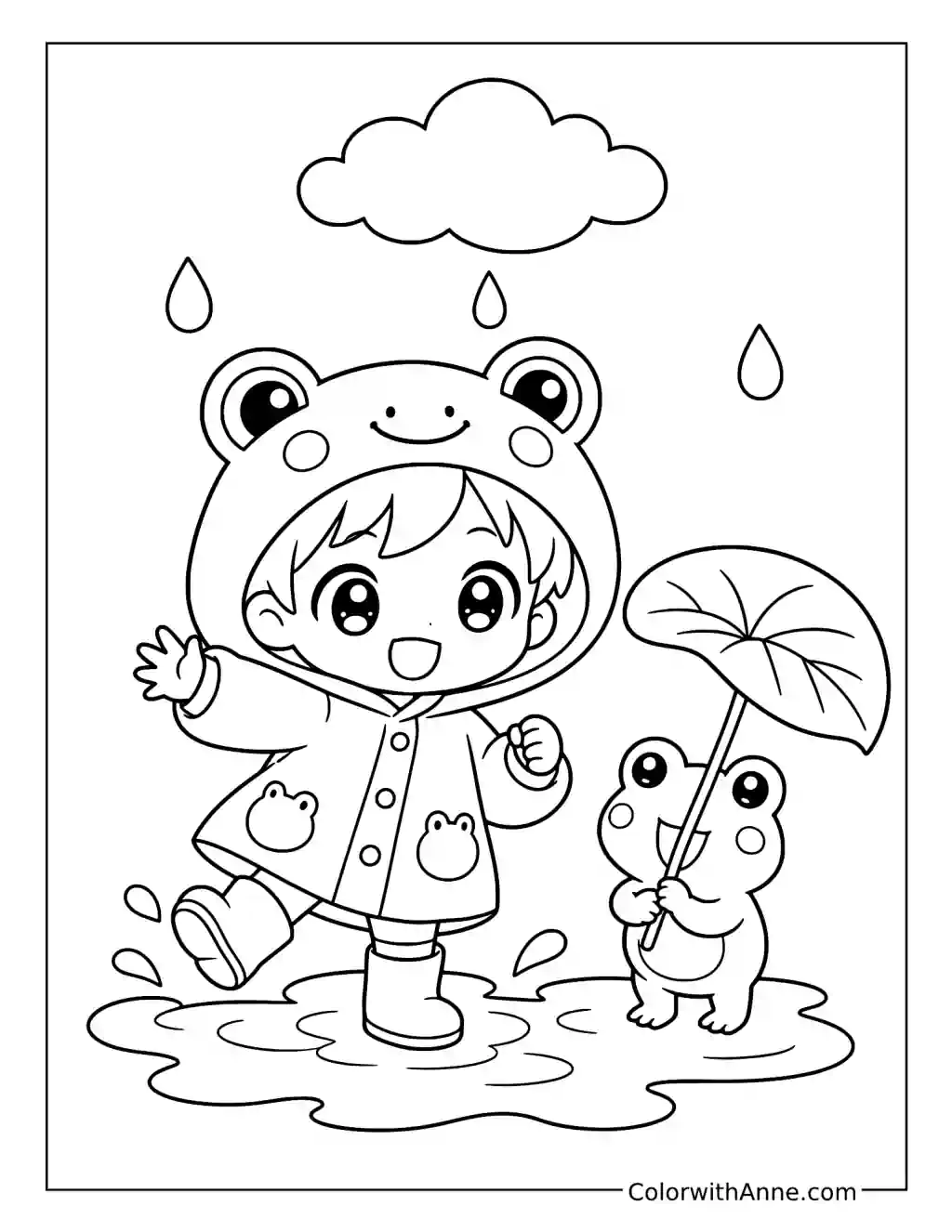 Chibi Child in a Frog Raincoat Splashing with a Frog coloring page