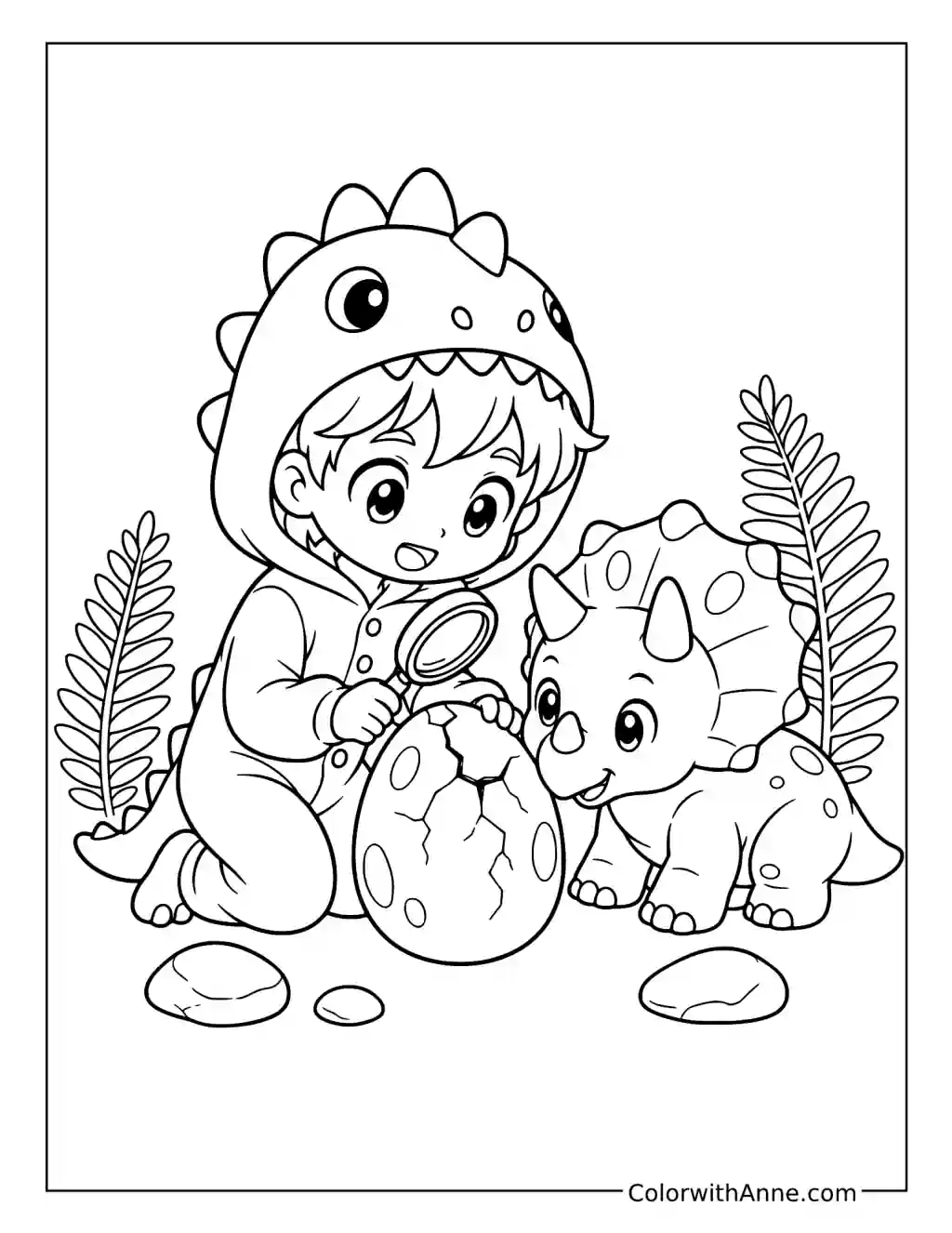 Chibi Dinosaur Explorer Examining a Hatching Egg coloring page