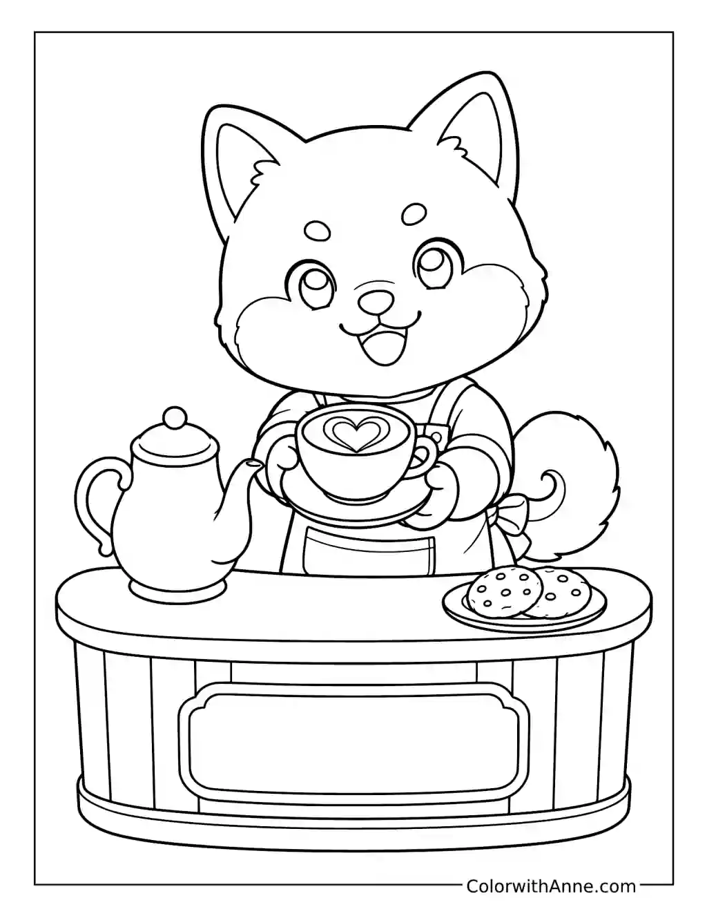 Chibi Fox Barista Serving a Heart-Topped Drink coloring page