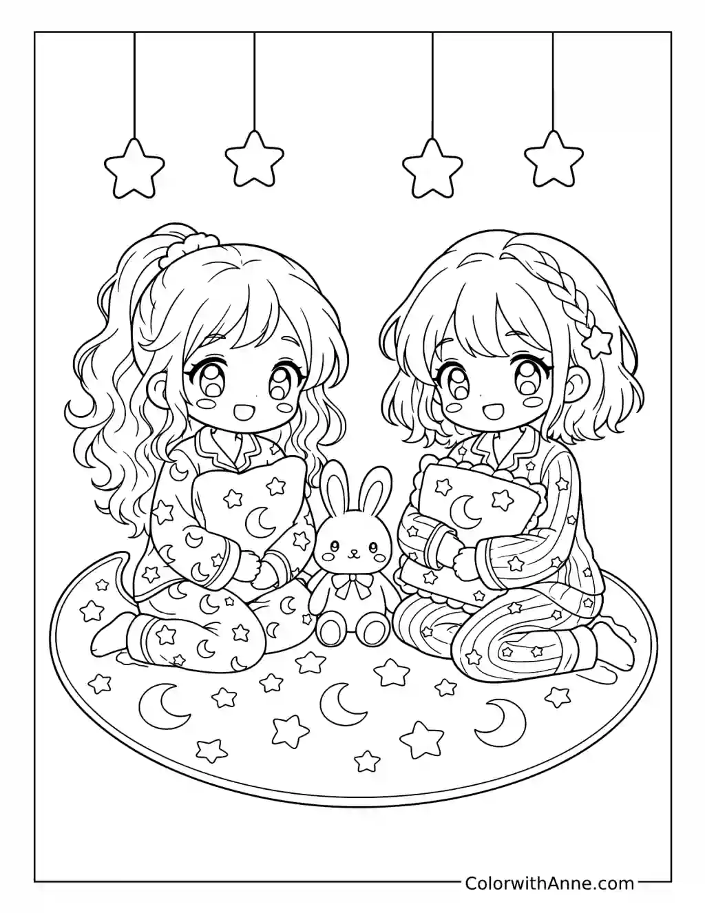 Chibi Friends in Pajamas with Pillows and a Bunny Toy coloring page