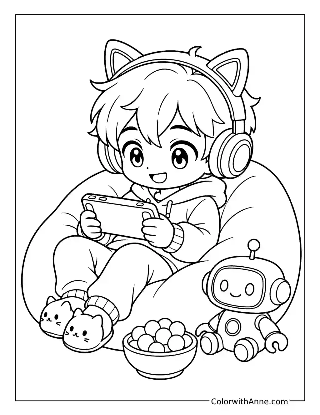 Chibi Gamer with Cat-Ear Headphones and a Robot coloring page