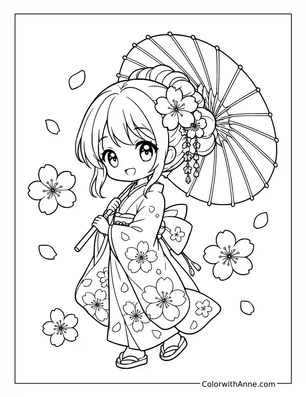 Chibi Girl in a Floral Kimono Holding a Parasol coloring page