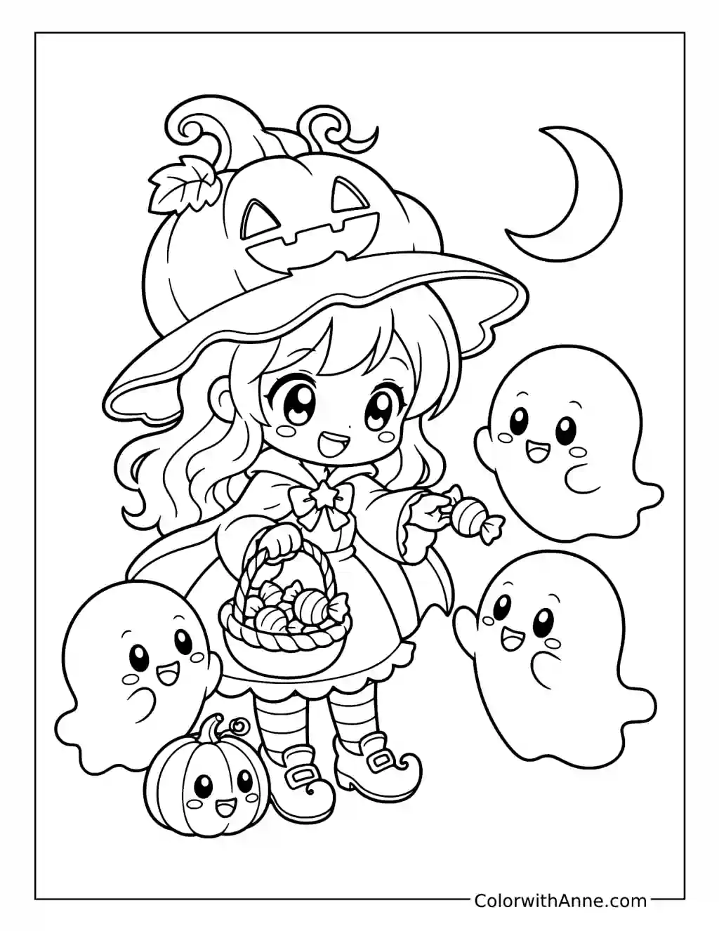 Chibi Halloween Witch with Candy and Friendly Ghosts coloring page