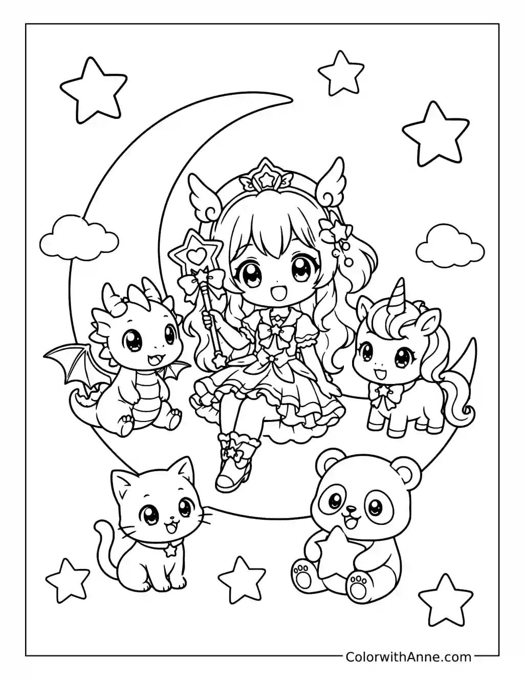 Chibi Magical Girl on a Crescent Moon with Animal Friends coloring page
