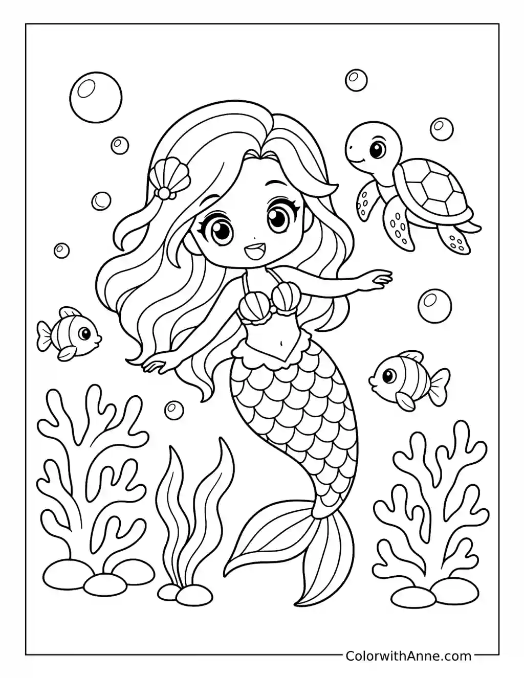 Chibi Mermaid Swimming with a Sea Turtle coloring page