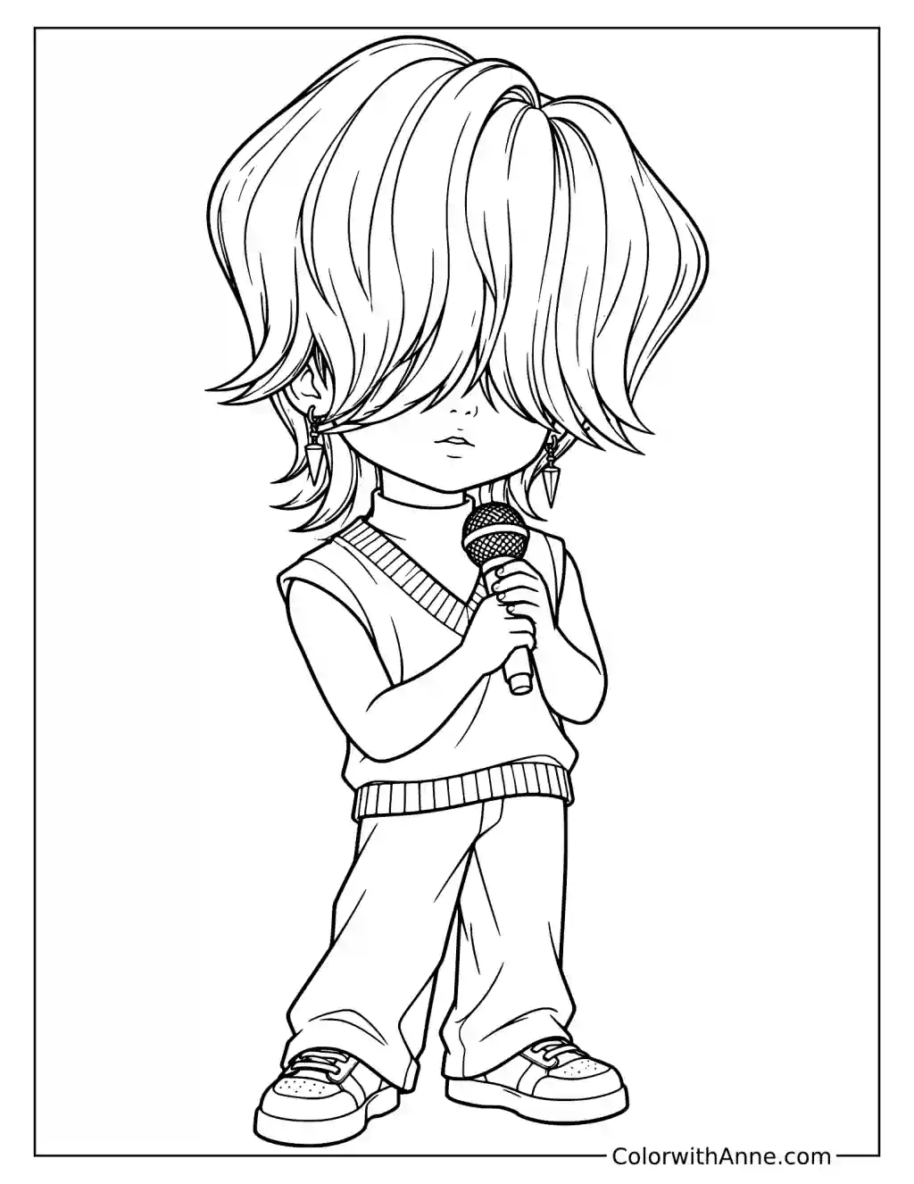 Coloring page of Chibi Mystery Saja holding a microphone in both hands with his long fringe covering his eyes
