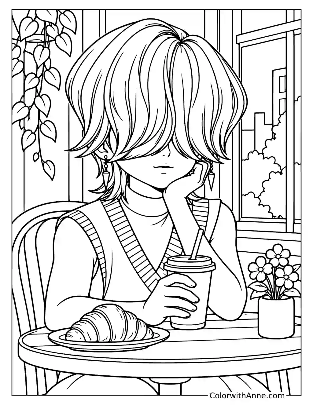 Coloring page of Mystery Saja holding a lidded drink beside a croissant and flowers on a round cafe table