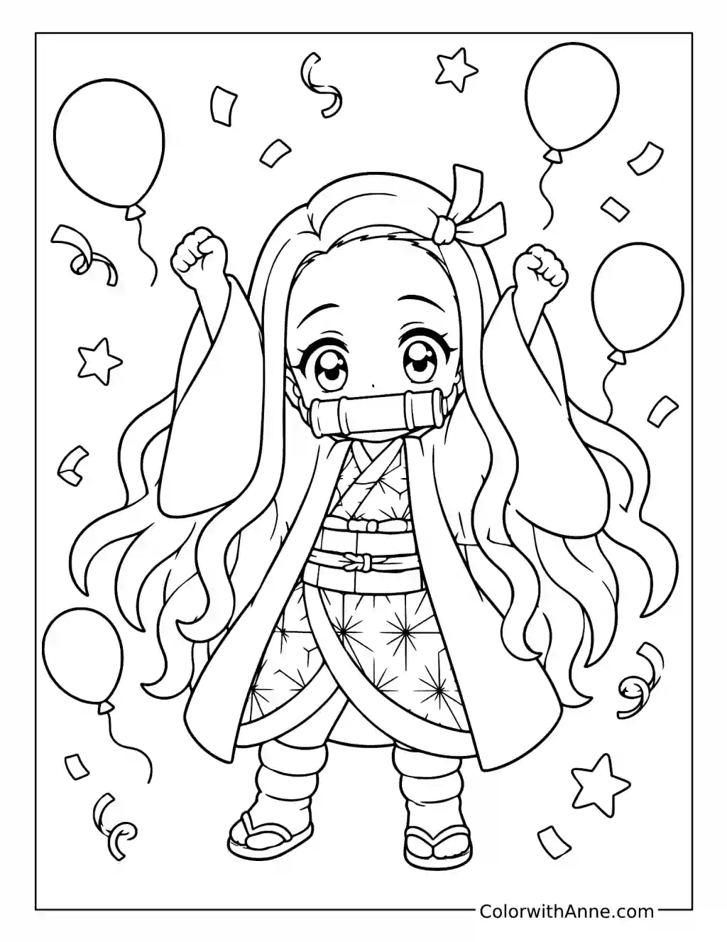 Chibi Nezuko Kamado Celebrating with Balloons coloring page
