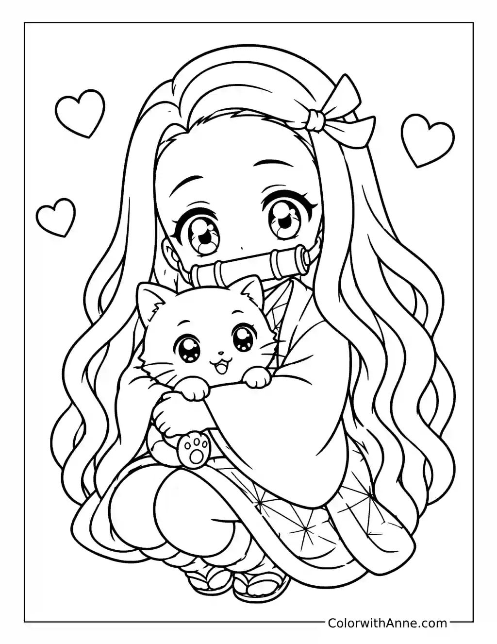 Chibi Nezuko Kamado Hugging a Kitten coloring page