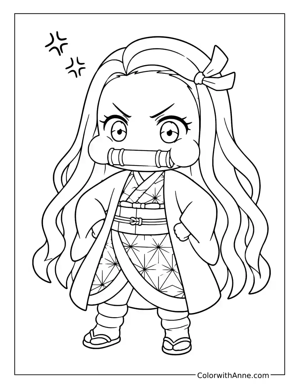 Chibi Nezuko Kamado Pouting with Her Hands on Her Hips coloring page