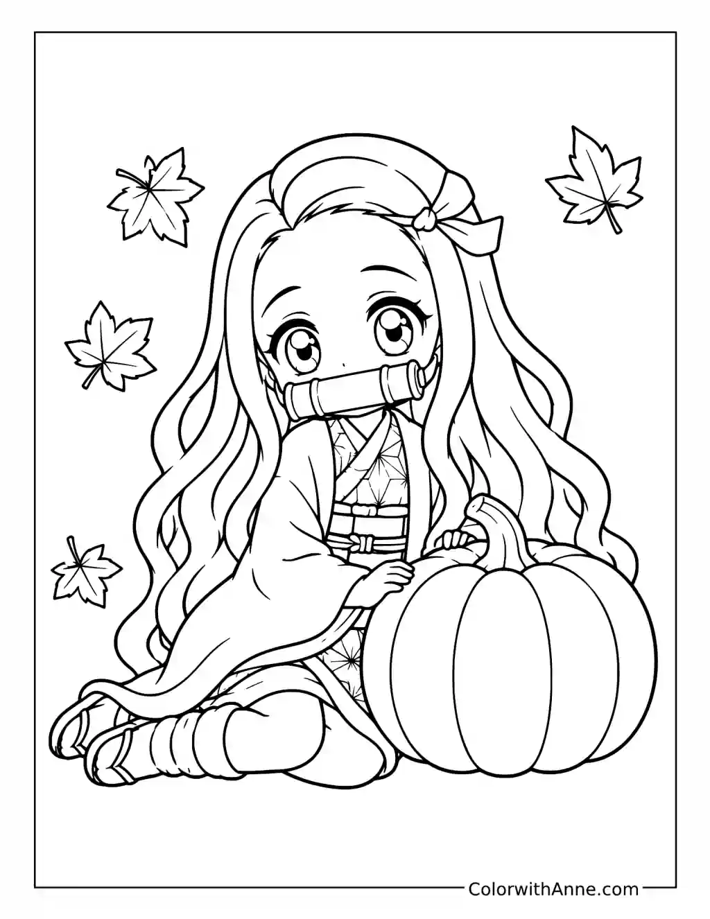 Chibi Nezuko Kamado Sitting beside a Pumpkin coloring page