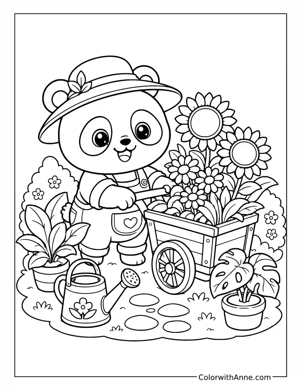 Chibi Panda Gardener with a Flower Cart coloring page