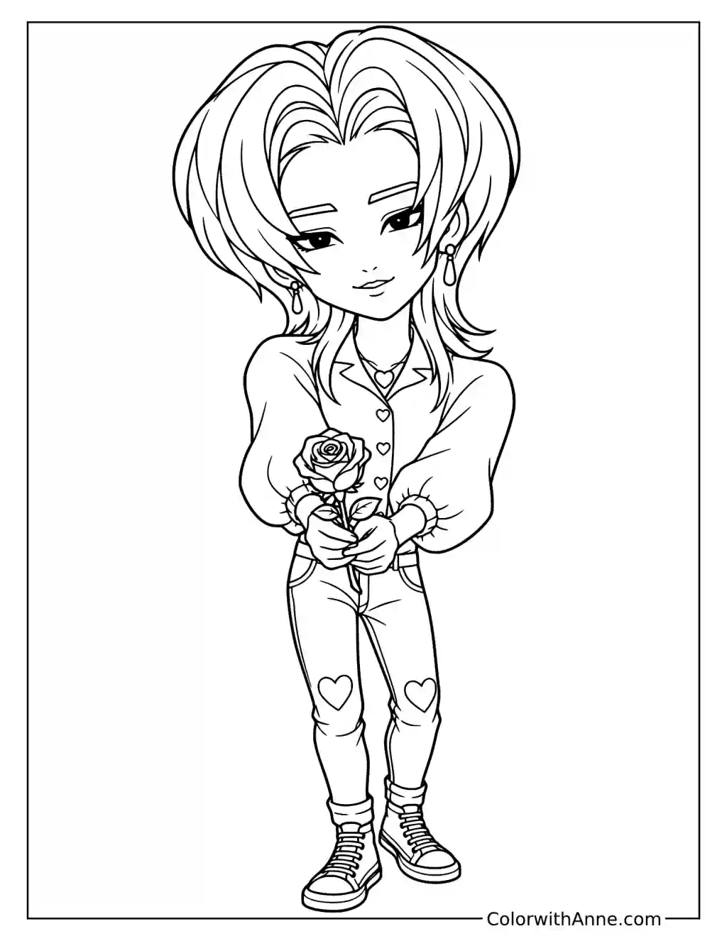 Coloring page of Chibi Romance Saja holding a single rose with both hands while wearing trousers with heart patches