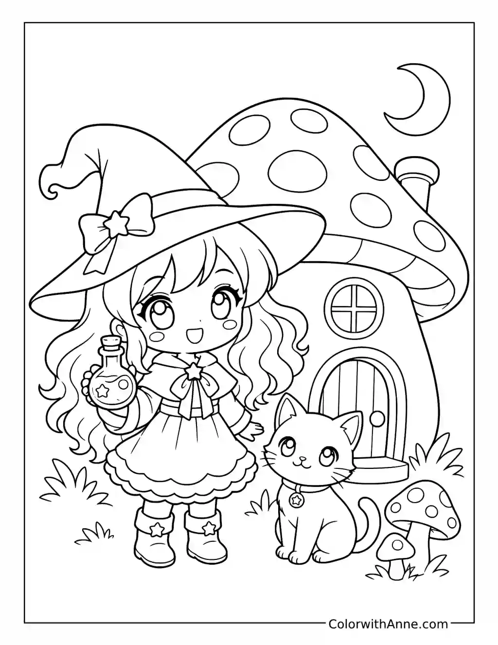 Chibi Witch and Cat Outside a Mushroom House coloring page