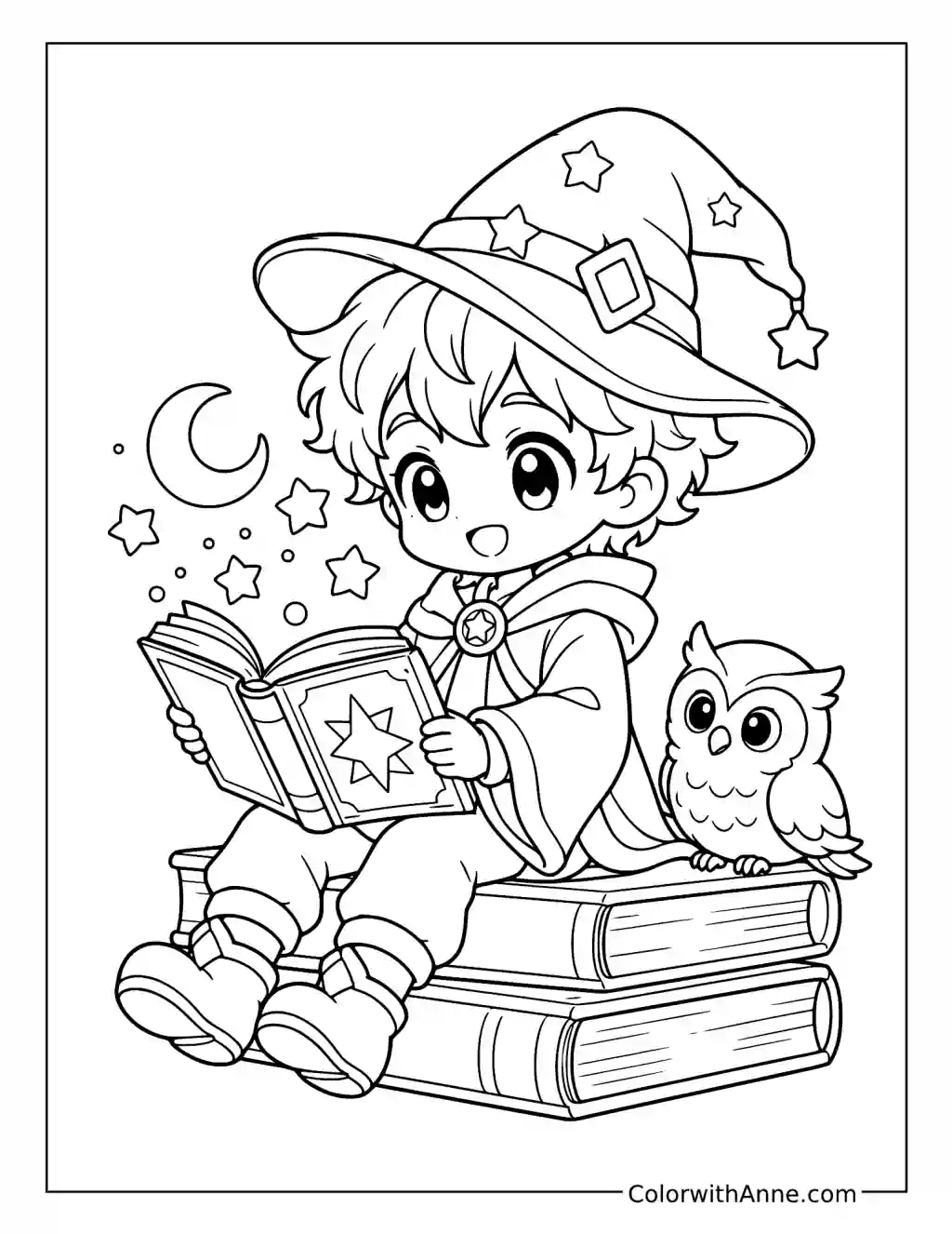 Chibi Wizard Reading a Spellbook Beside an Owl coloring page