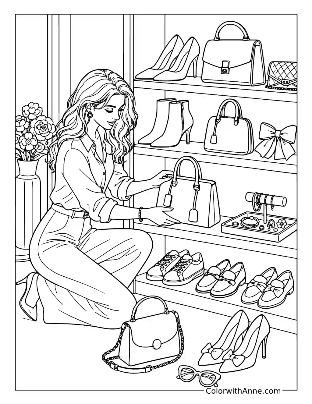 Chic Shoe and Handbag Display coloring page