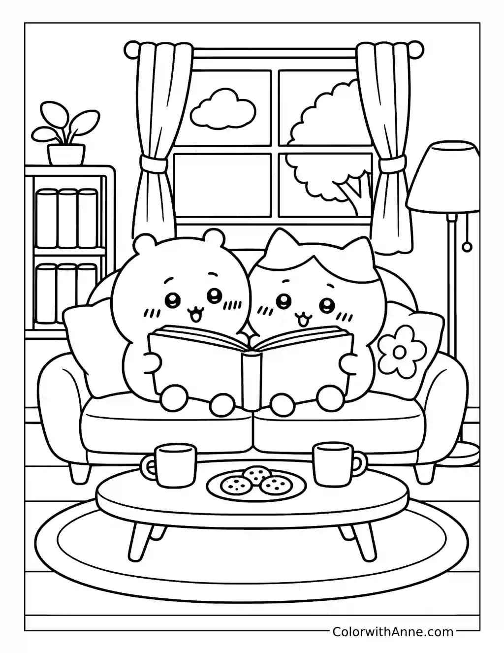 Chiikawa and Hachiware Cozy Reading Nook coloring page