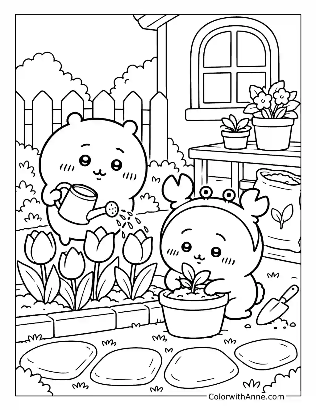 Chiikawa and Kanichan’s Cozy Garden coloring page