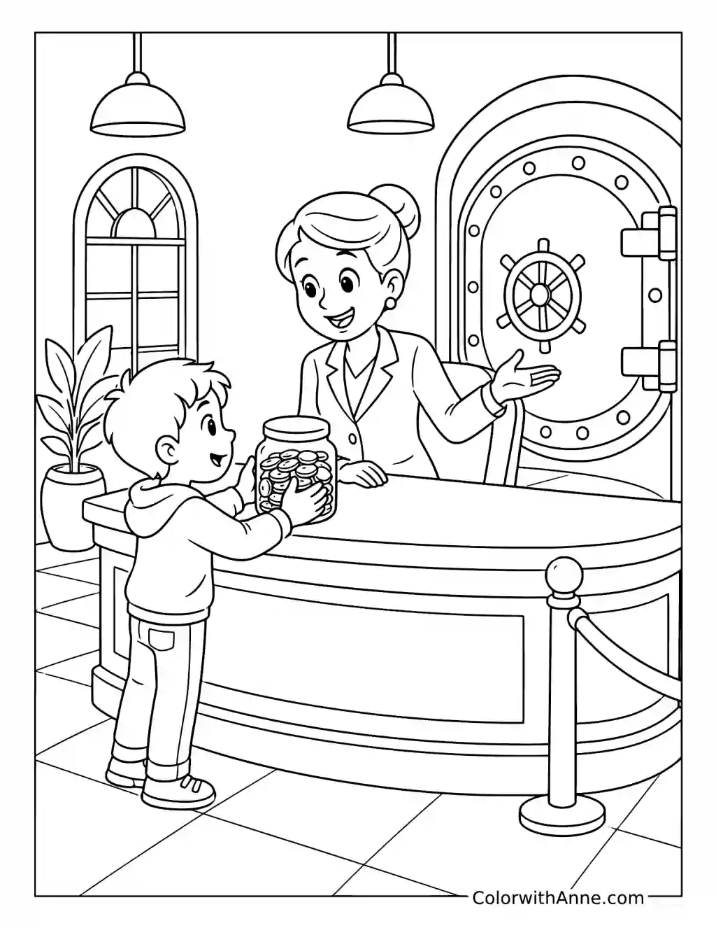 Child Depositing Savings at the Bank coloring page