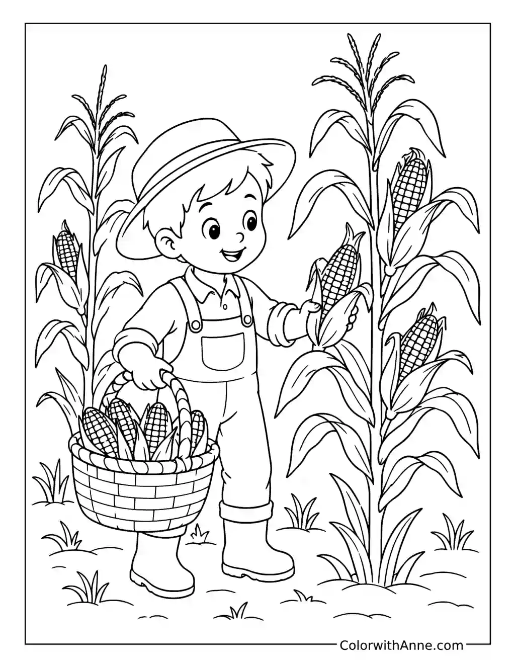 Child Harvesting Corn coloring page