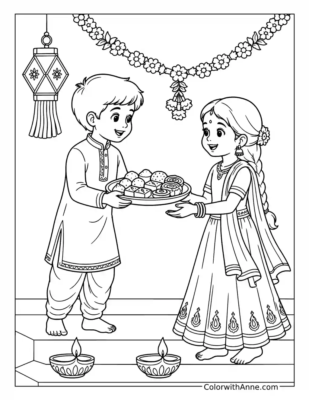 Child Sharing Diwali Sweets coloring page