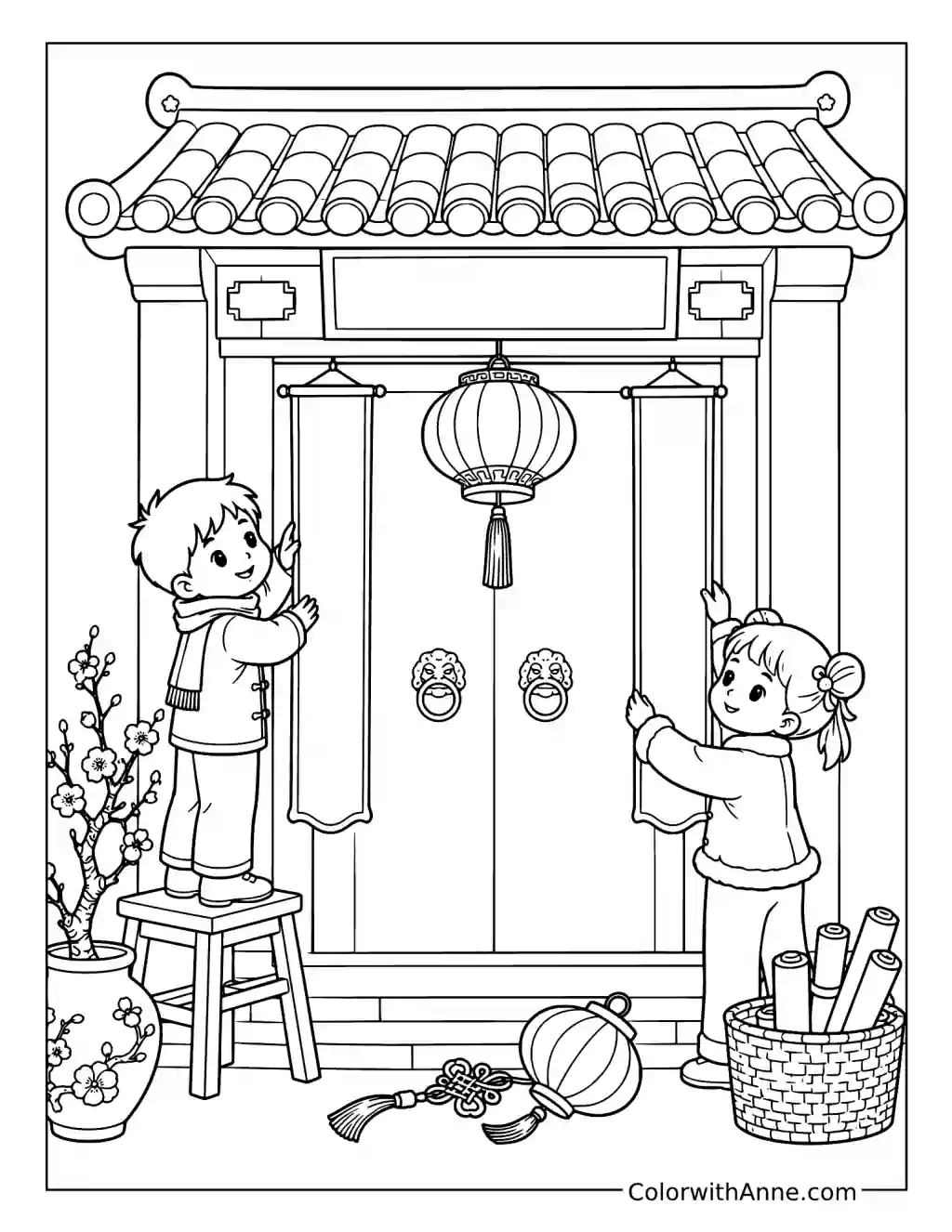 Children Decorating a New Year Doorway coloring page