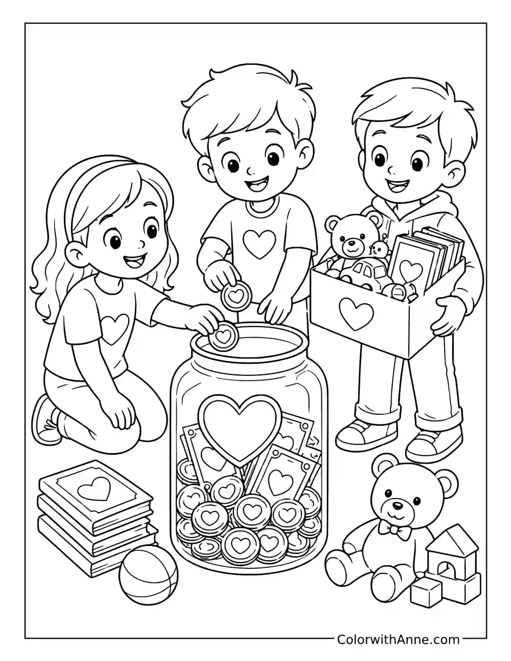 Children Donating Money and Toys coloring page