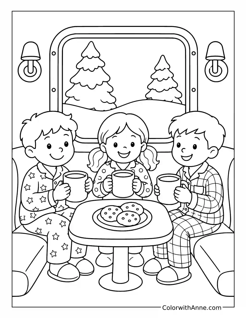Children Enjoying Hot Chocolate on the Polar Express coloring page
