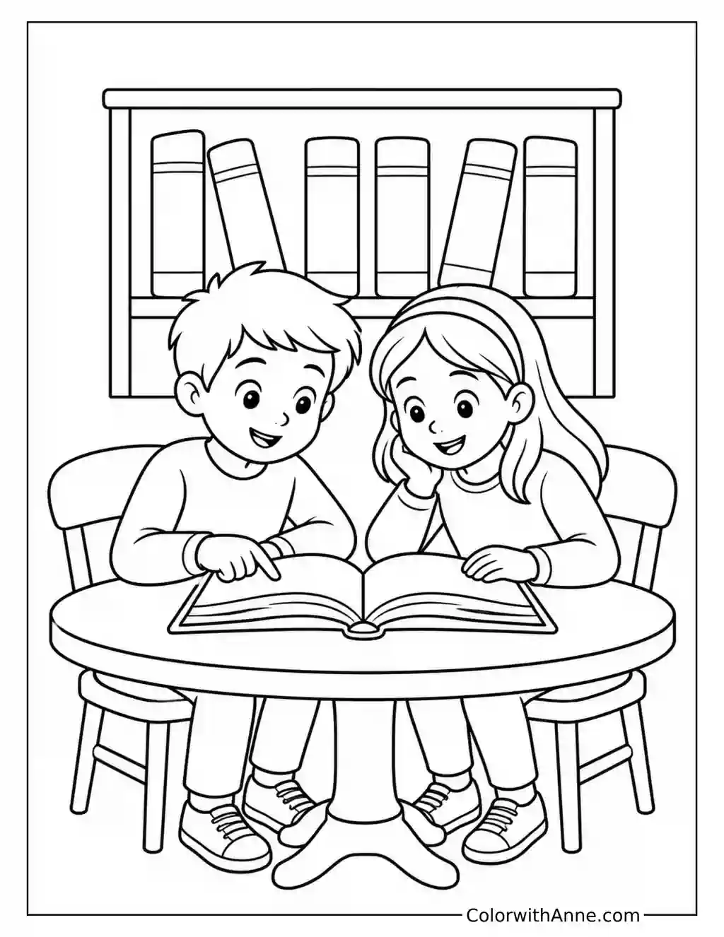 Children Reading Together at the Library coloring page