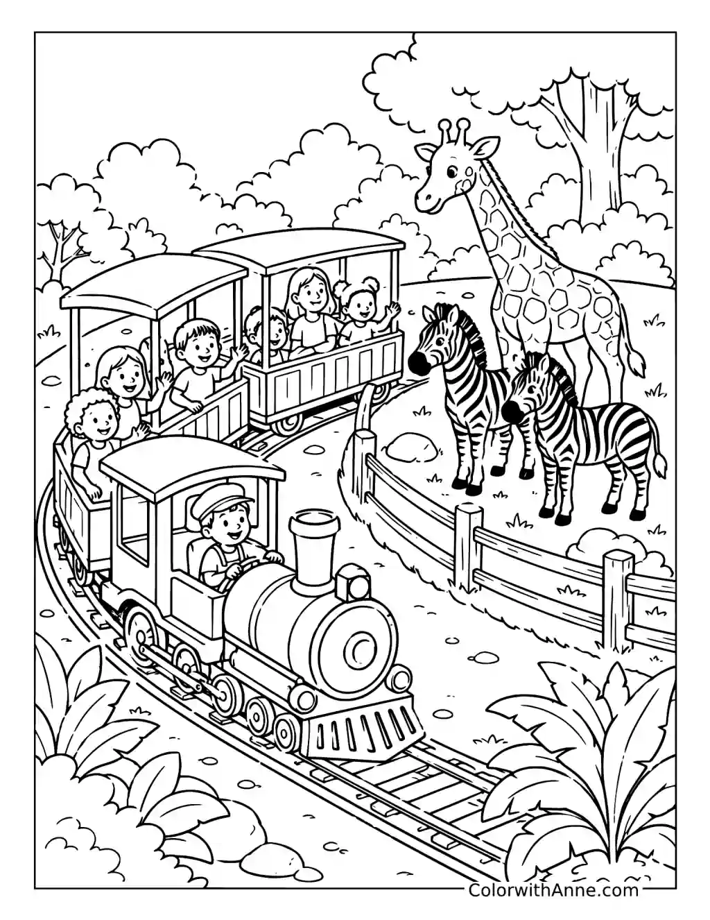 Children Riding the Zoo Train coloring page
