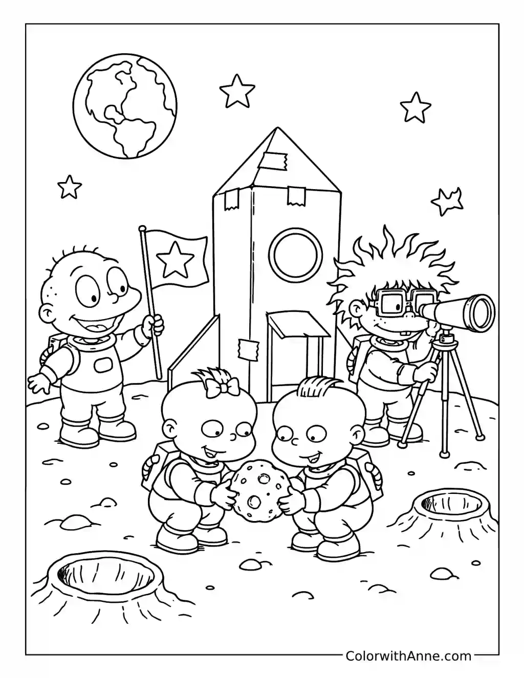 Children, Rocket, and Telescope Adventure coloring page