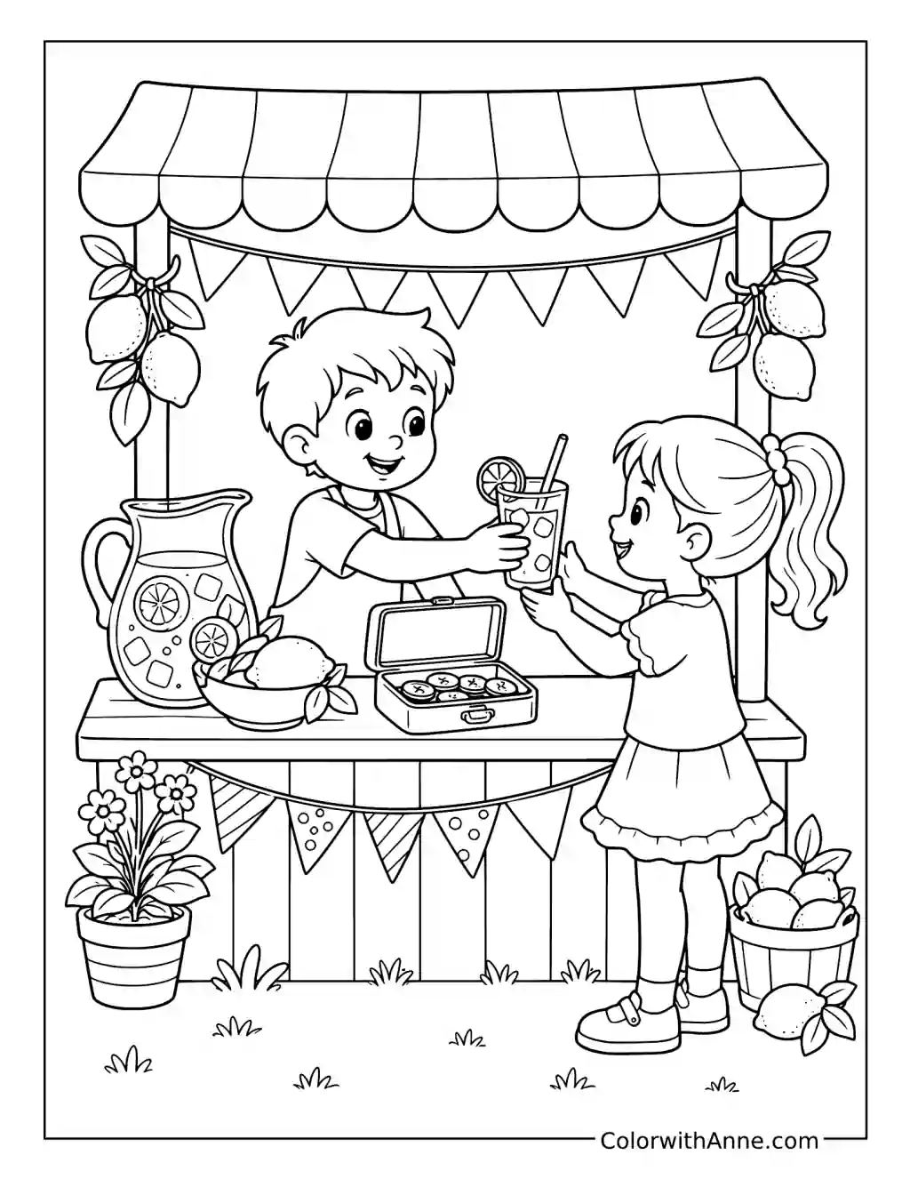 Children Running a Lemonade Stand coloring page