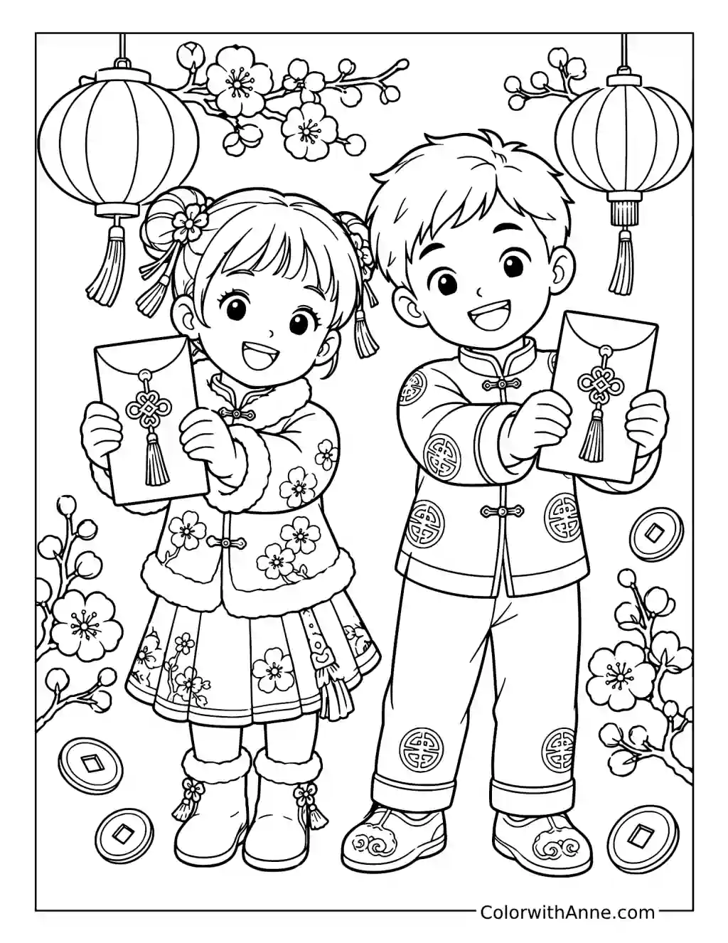 Children Showing Lucky Red Envelopes coloring page