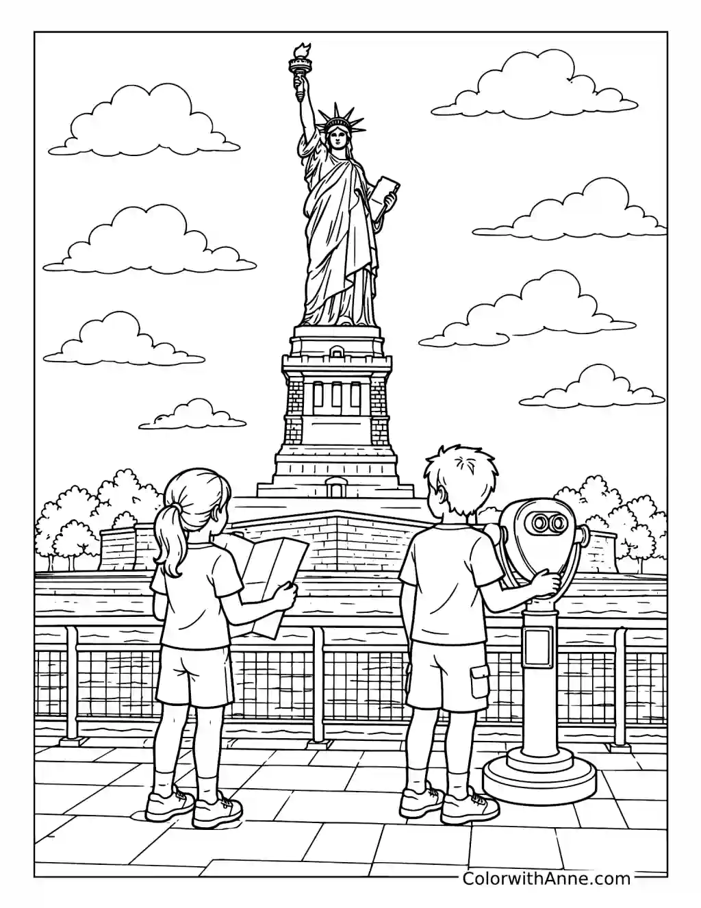 Children Visiting the Statue of Liberty coloring page