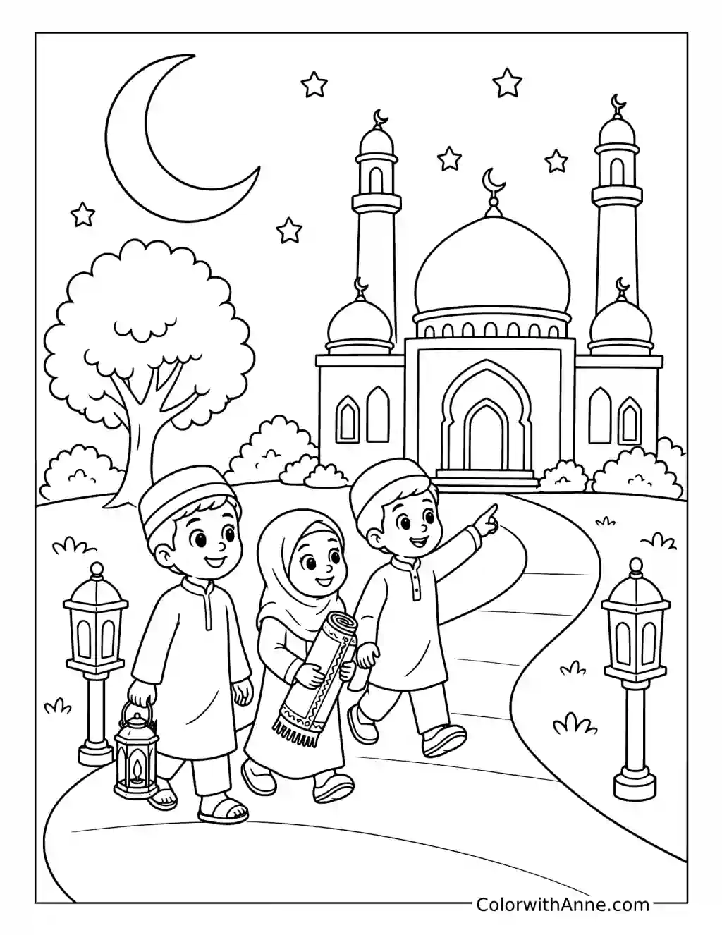Children Walking to the Mosque coloring page
