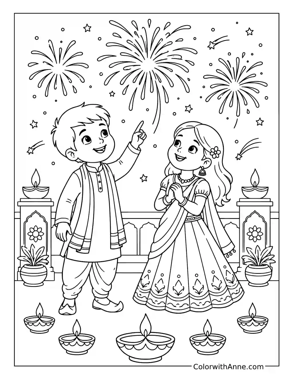 Children Watching Diwali Fireworks coloring page