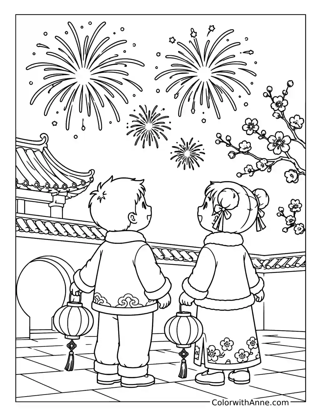 Children Watching New Year Fireworks coloring page