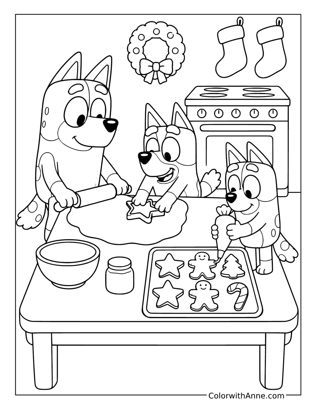 Chilli Bluey and Bingo Baking Christmas Cookies coloring page