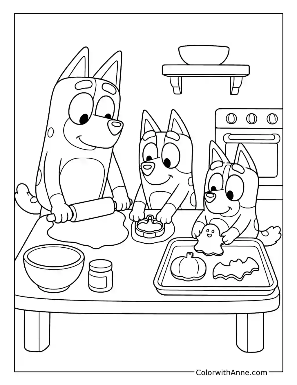 Chilli Bluey and Bingo Baking Halloween Cookies coloring page