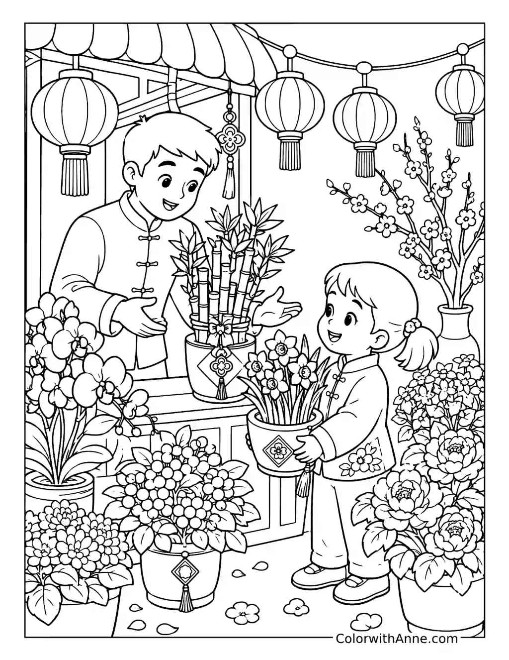 Chinese New Year Flower Market coloring page