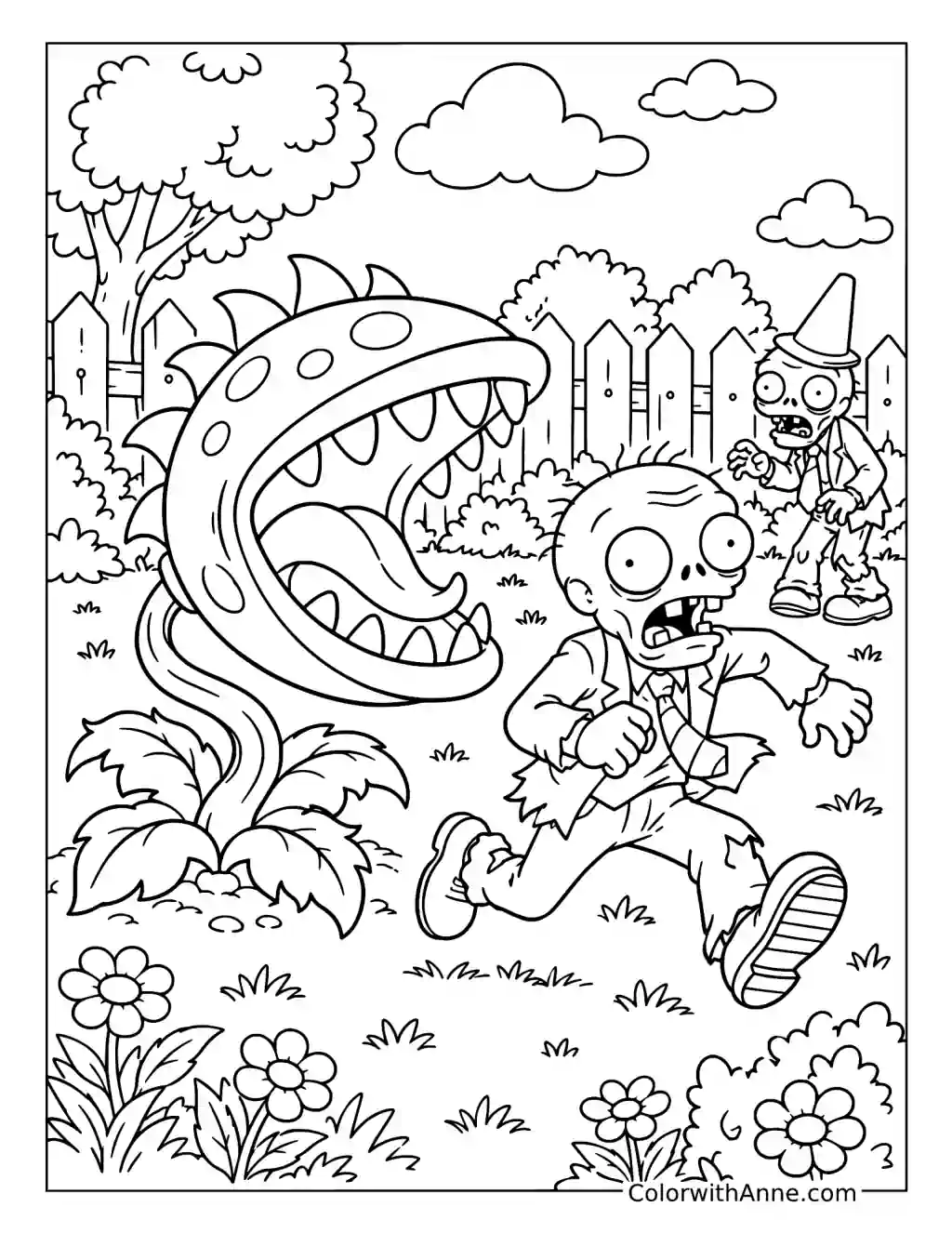 Chomper Chasing Startled Zombies coloring page
