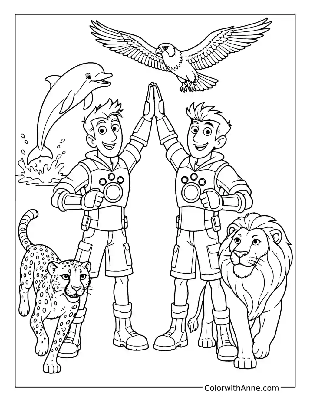 Chris and Martin Kratt High-Fiving with Wild Animals coloring page