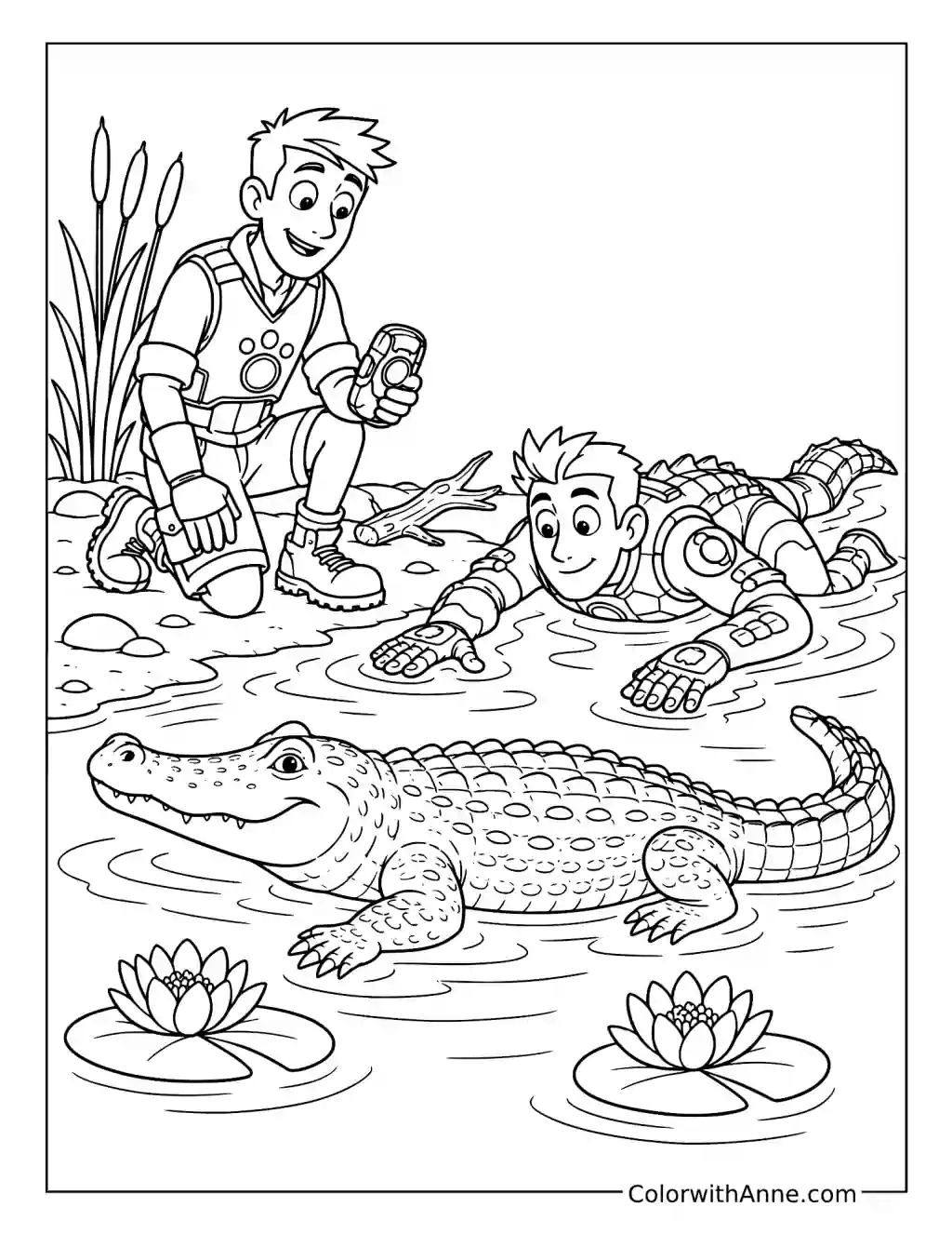 Chris and Martin Kratt Observing a Crocodile coloring page