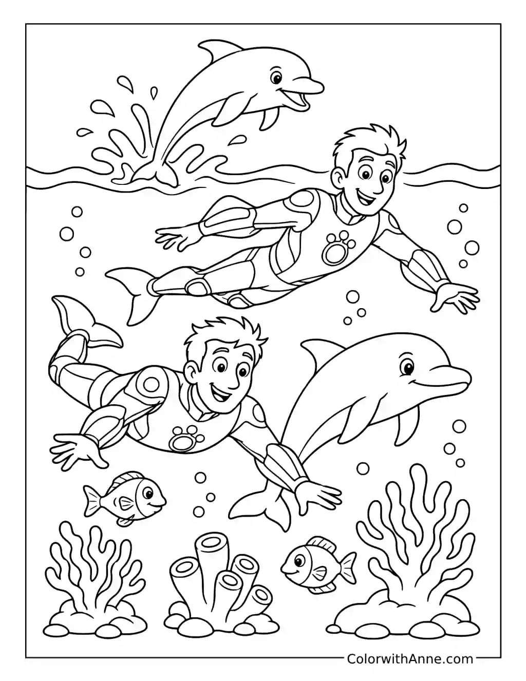 Chris and Martin Kratt Swimming with Dolphins coloring page