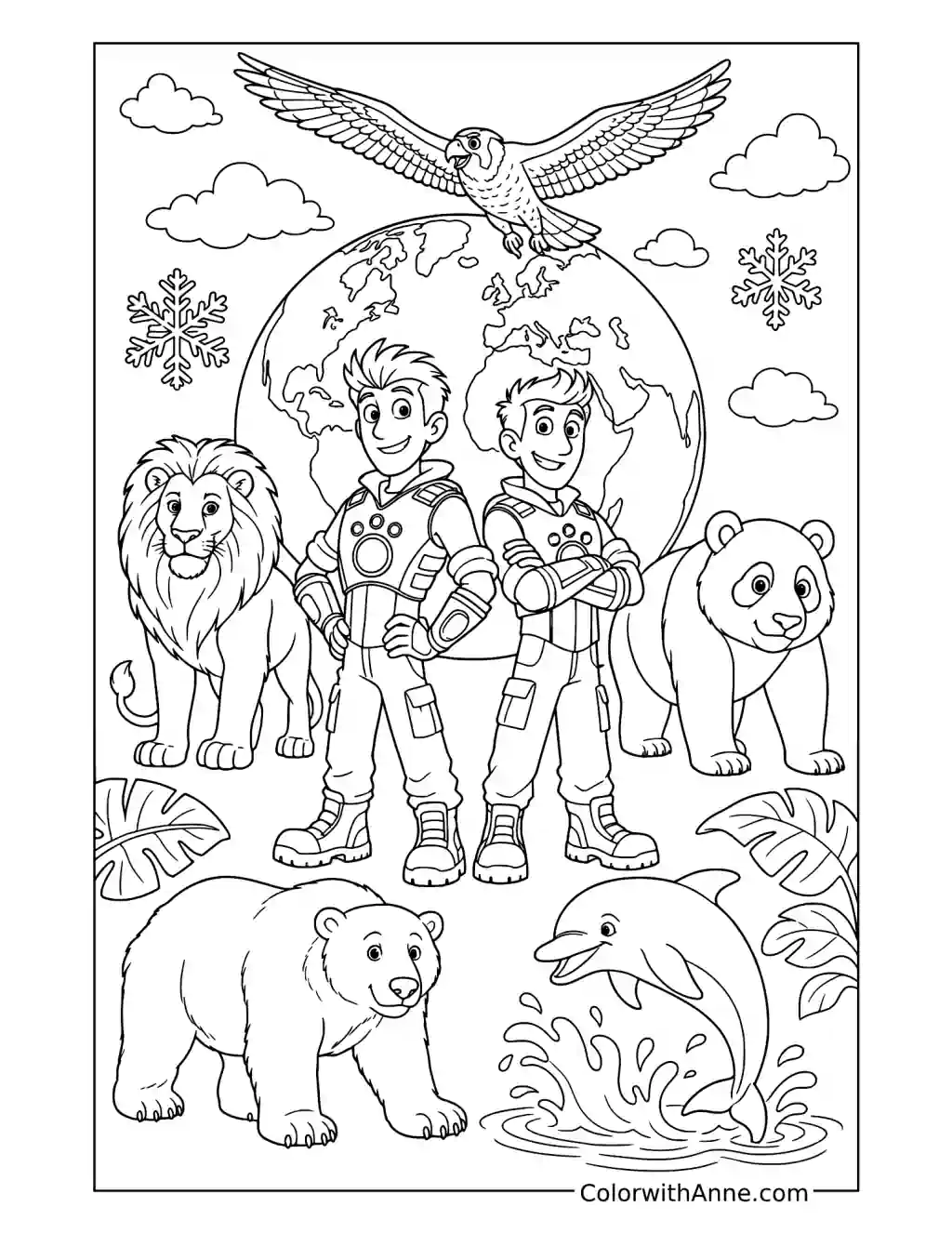 Chris and Martin Kratt with Animals around the World coloring page