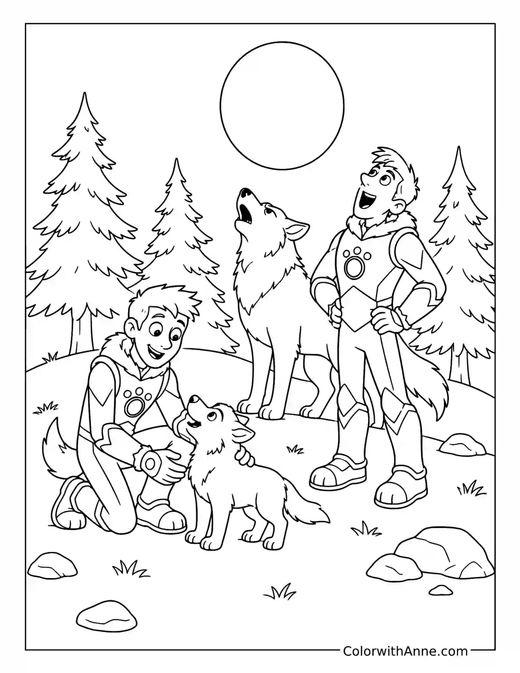 Chris and Martin Kratt with Wolves under the Moon coloring page